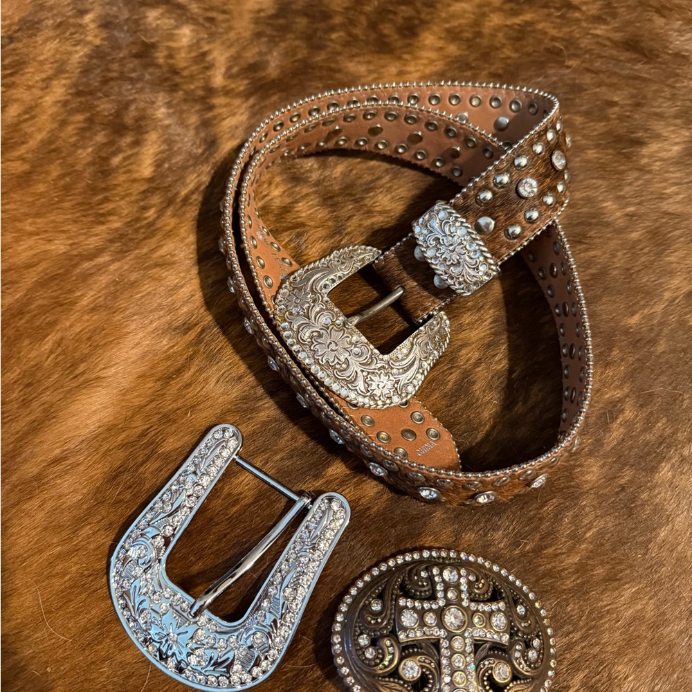 Nocona Brown and Silver Studded Belt with Interchangeable Buckles